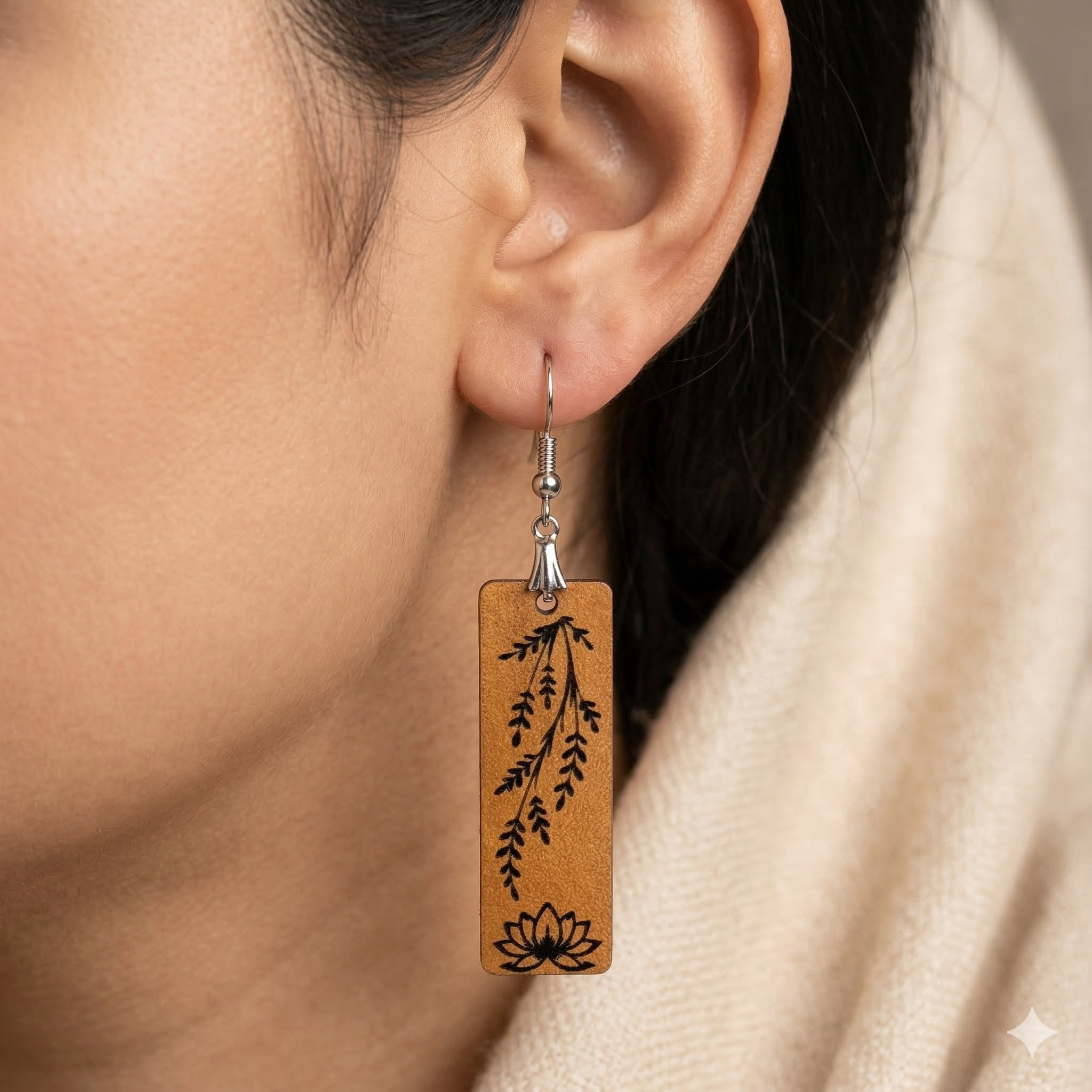 lotus vine wooden earrings for women minimalist rectangular botanical engraved dangle earrings lightweight Main image