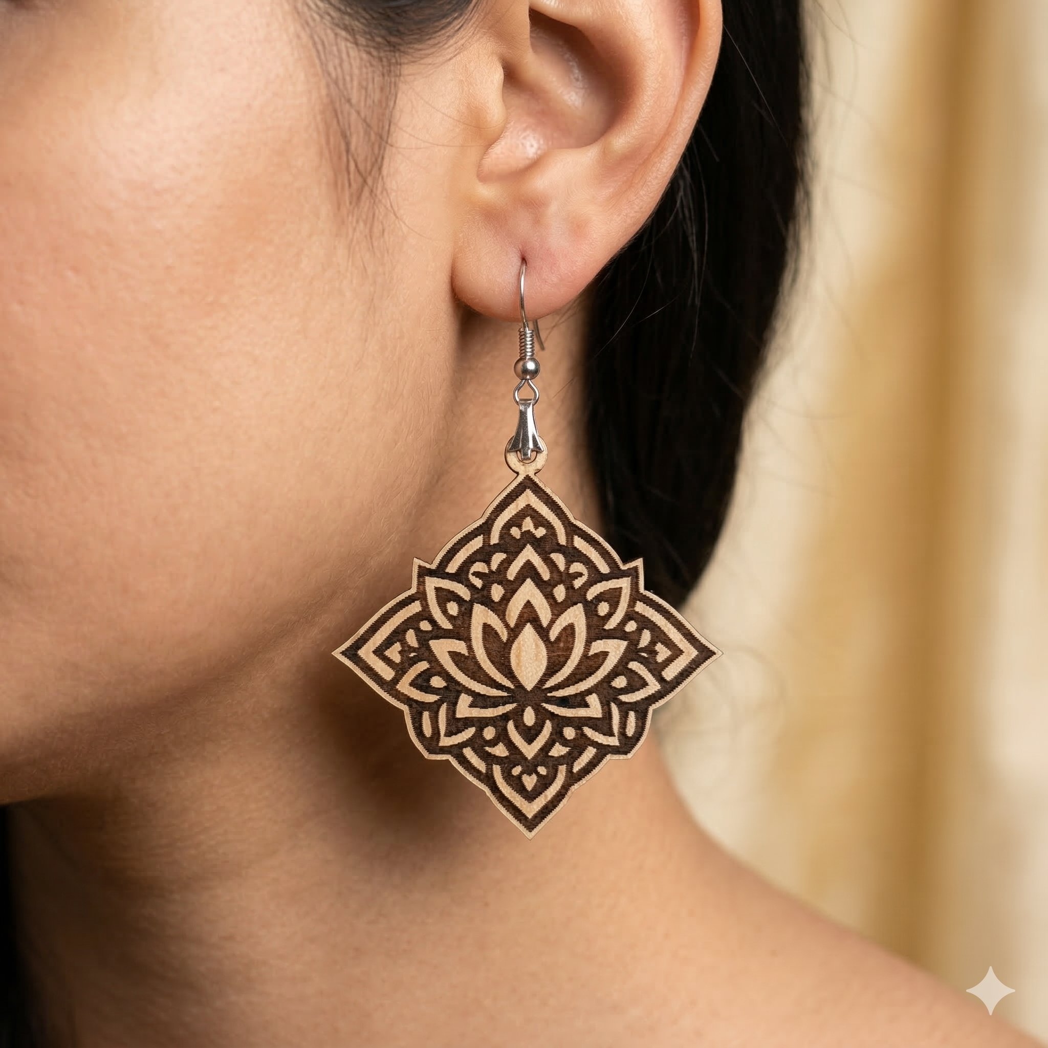 lotus mandala engraved wooden earrings for women boho spiritual diamond pendant lightweight dangle earrings Main image