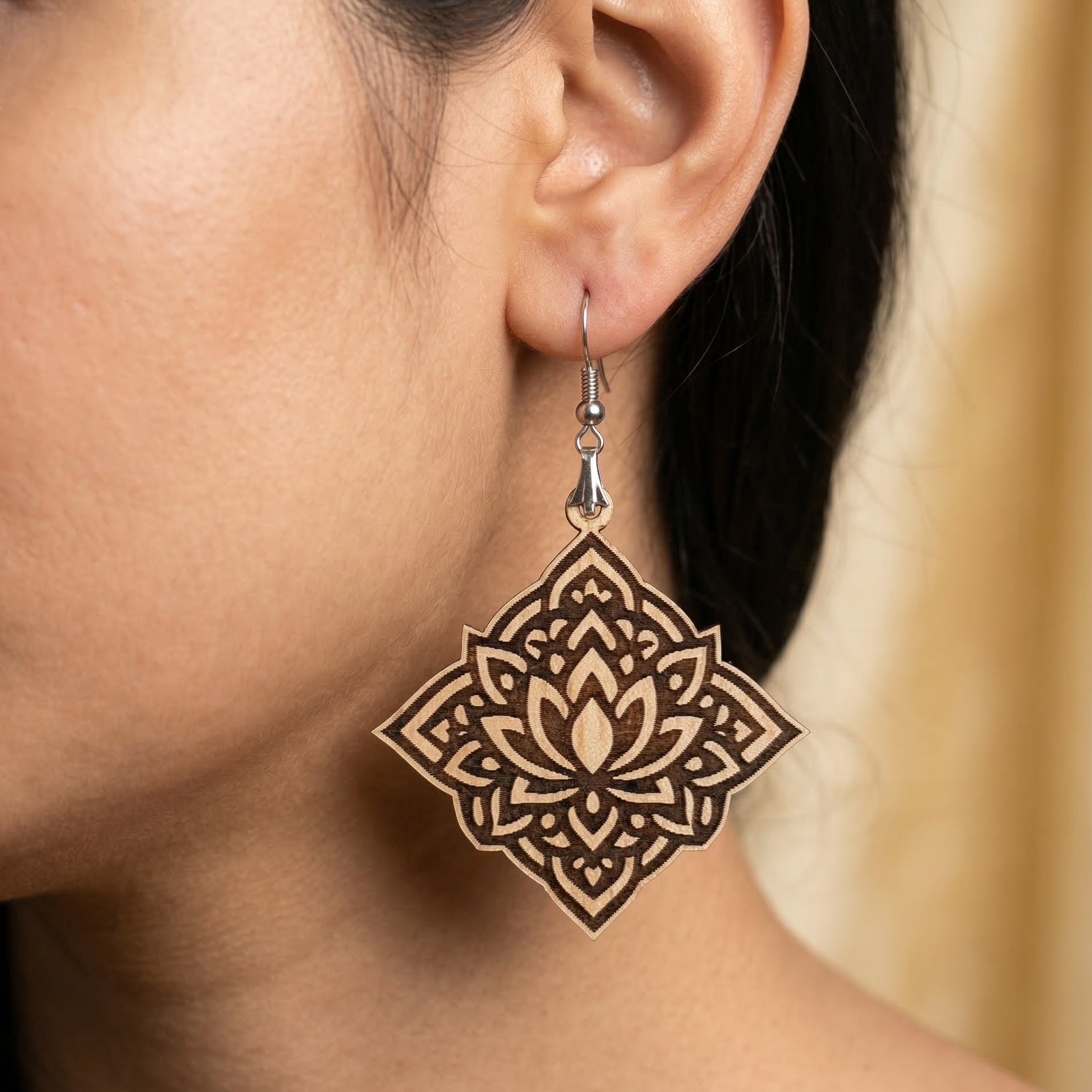 lotus mandala engraved wooden earrings for women boho spiritual diamond pendant lightweight dangle earrings