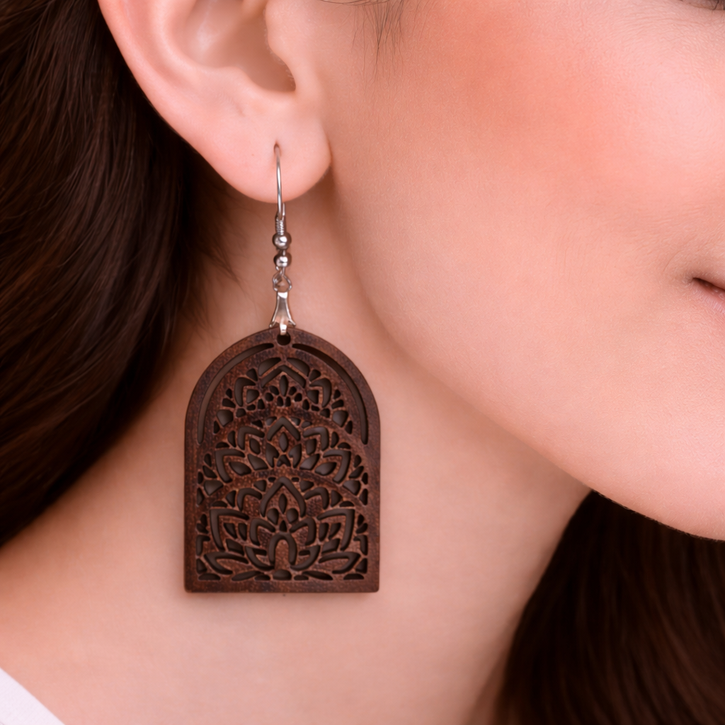 lotus mandala wooden earrings for women boho arch statement earrings Main image