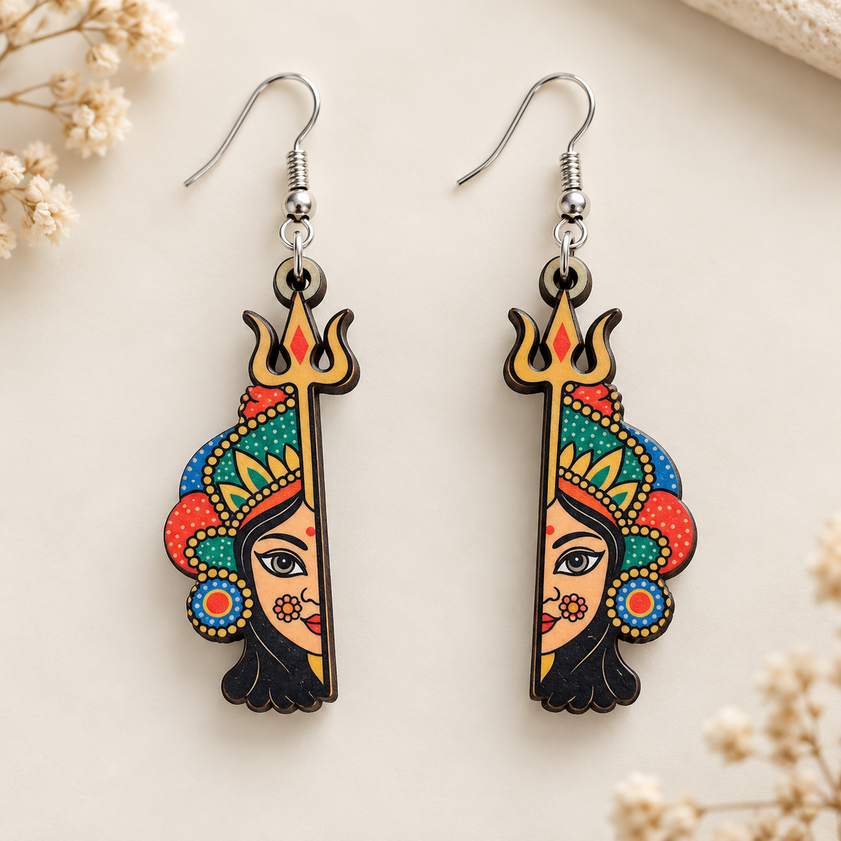 Maa Durga half-face trishul wooden earrings for women – colourful folk art dangler with golden crown Main image