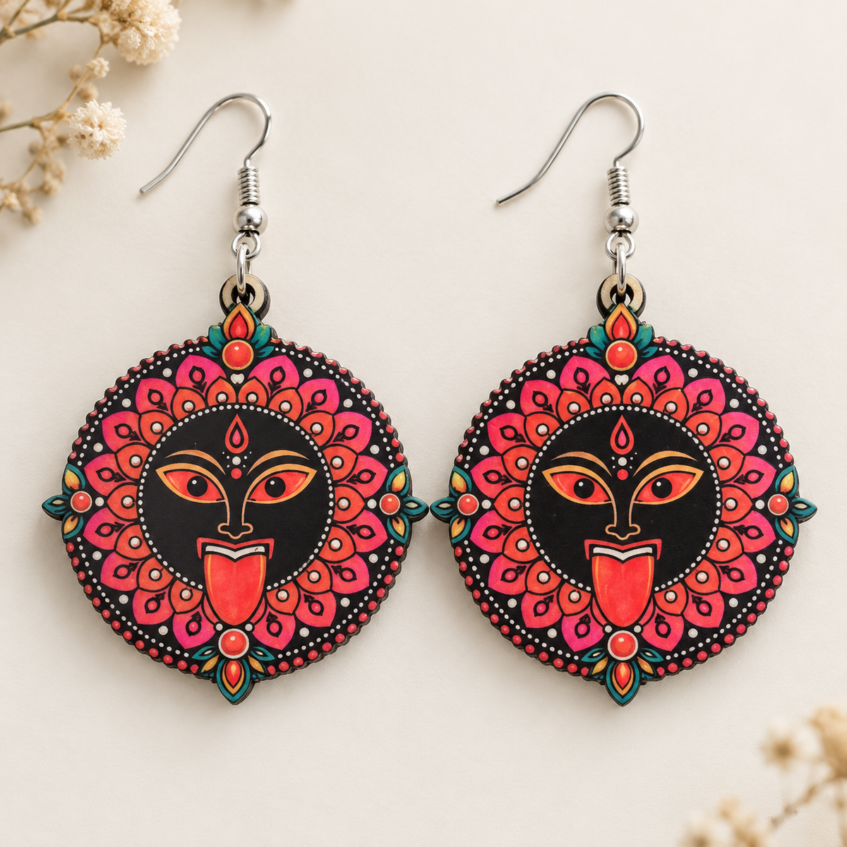 Maa Kali mandala wooden earrings for women – ethnic dangler with pink and orange lotus petals on black Main image