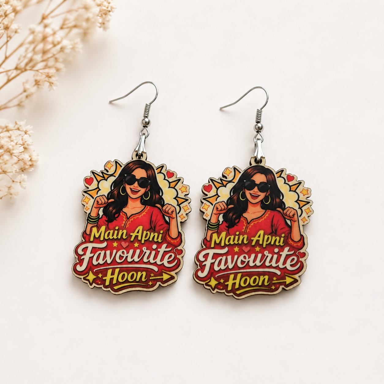 Main Apni Favourite Hoon wooden earrings for women, confident Hindi quote earrings with illustrated girl design