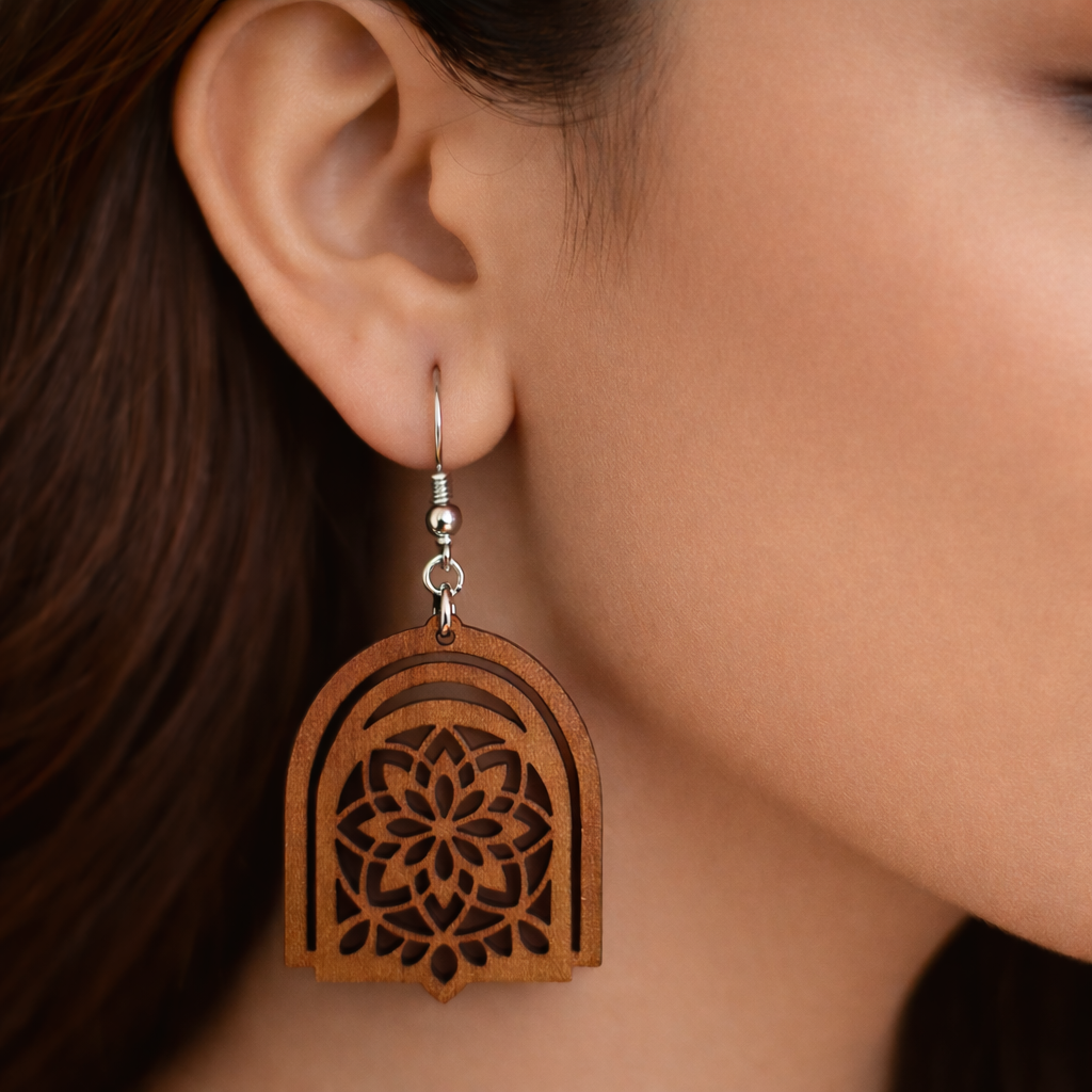 brown mandala arch wooden MDF earrings for women laser cut lightweight statement earrings Main image