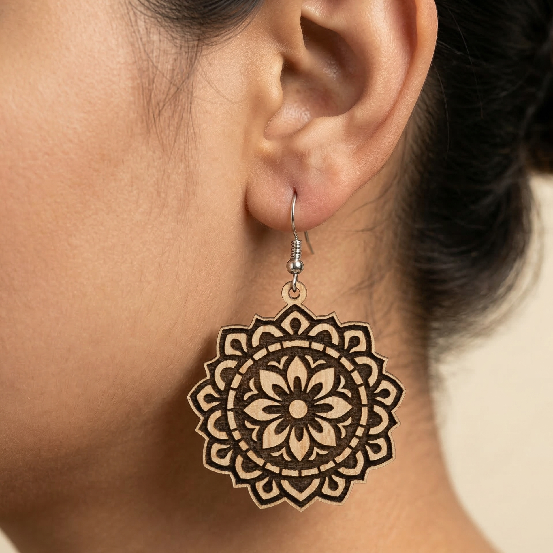 floral mandala wooden earrings for women boho circular engraved statement lightweight dangle earrings Main image