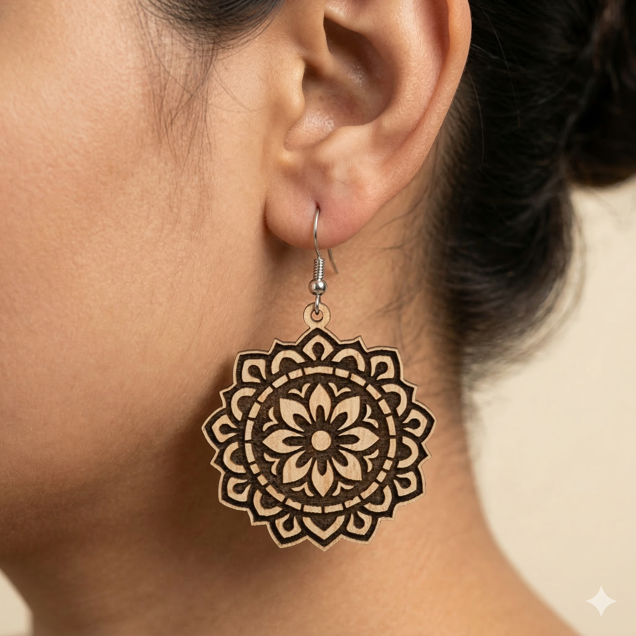 floral mandala wooden earrings for women boho circular engraved statement lightweight dangle earrings Main image