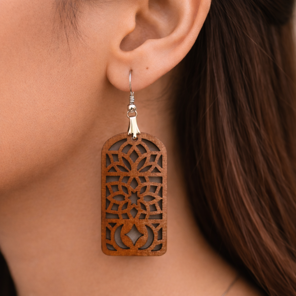 Mandala lattice wooden drop earrings for women with intricate geometric boho pattern and lightweight statement design. Main image