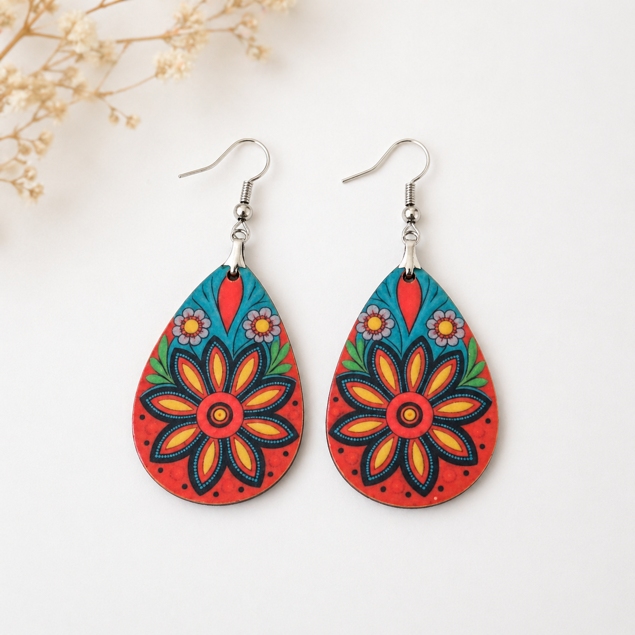 Mandala floral wooden earrings colorful teardrop shape boho style statement jewelry for women Main image