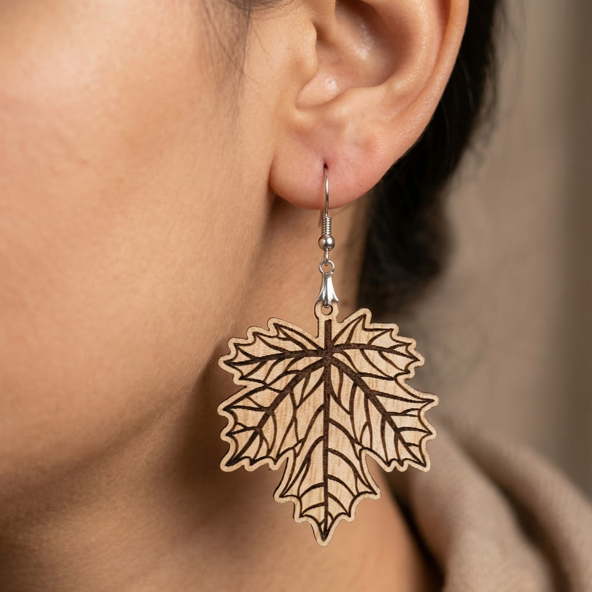 maple leaf engraved wooden earrings for women nature inspired lightweight dangle earrings Main image