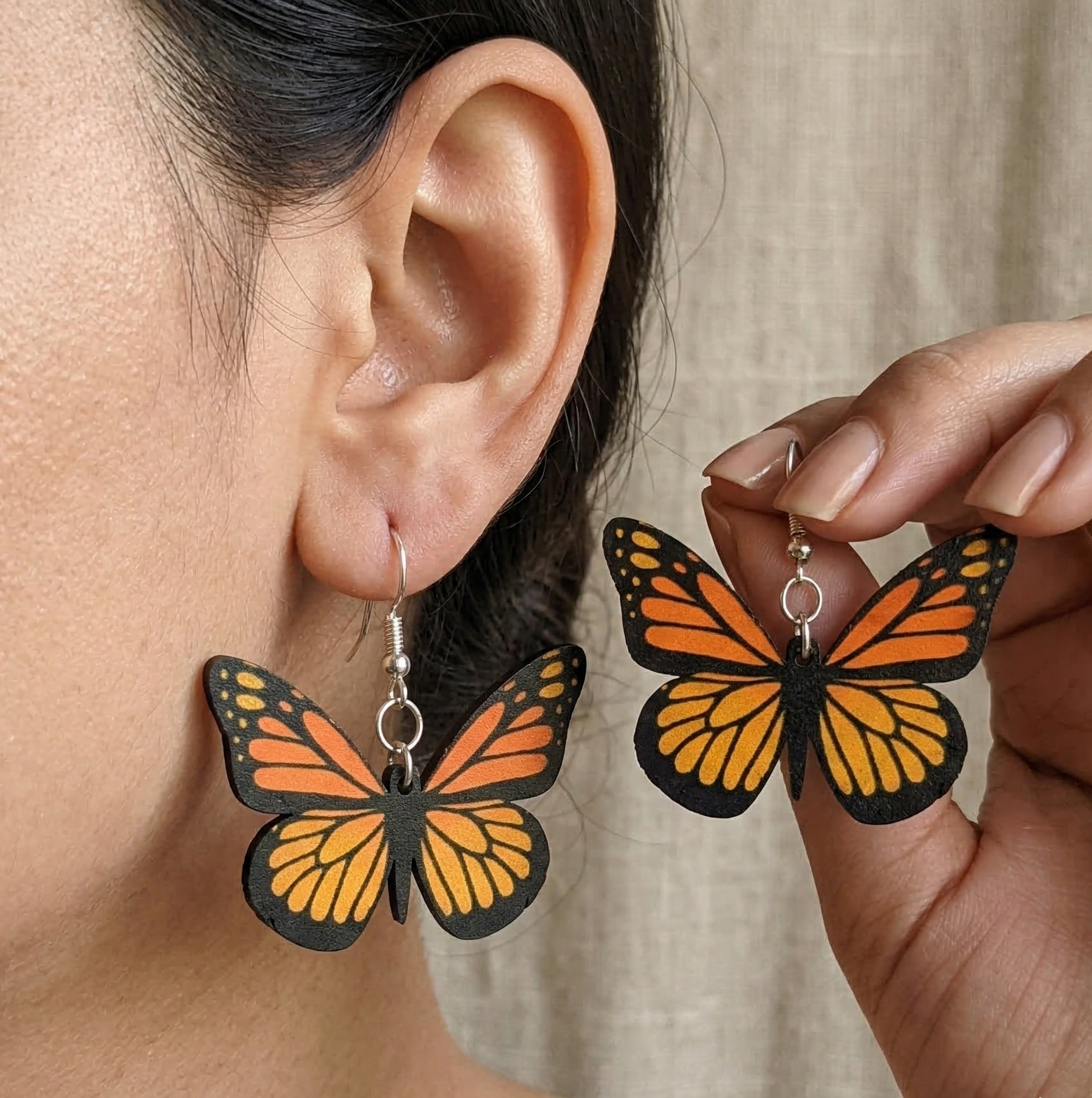 monarch butterfly wooden earrings for women lightweight orange black nature inspired statement jewelry Main image
