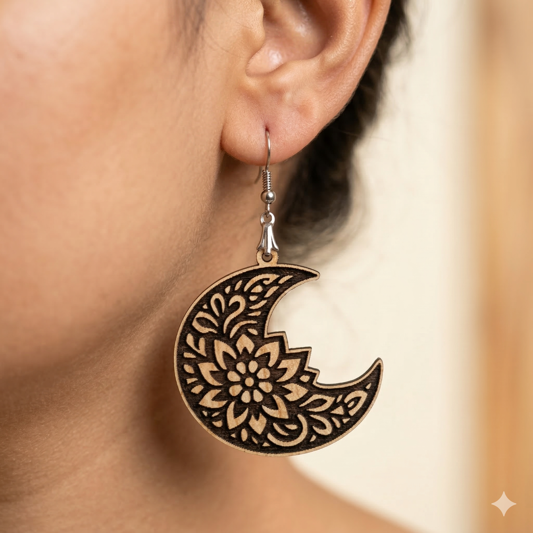 Crescent moon mandala wooden earrings for women boho ethnic floral carved lightweight dangle earrings Main image