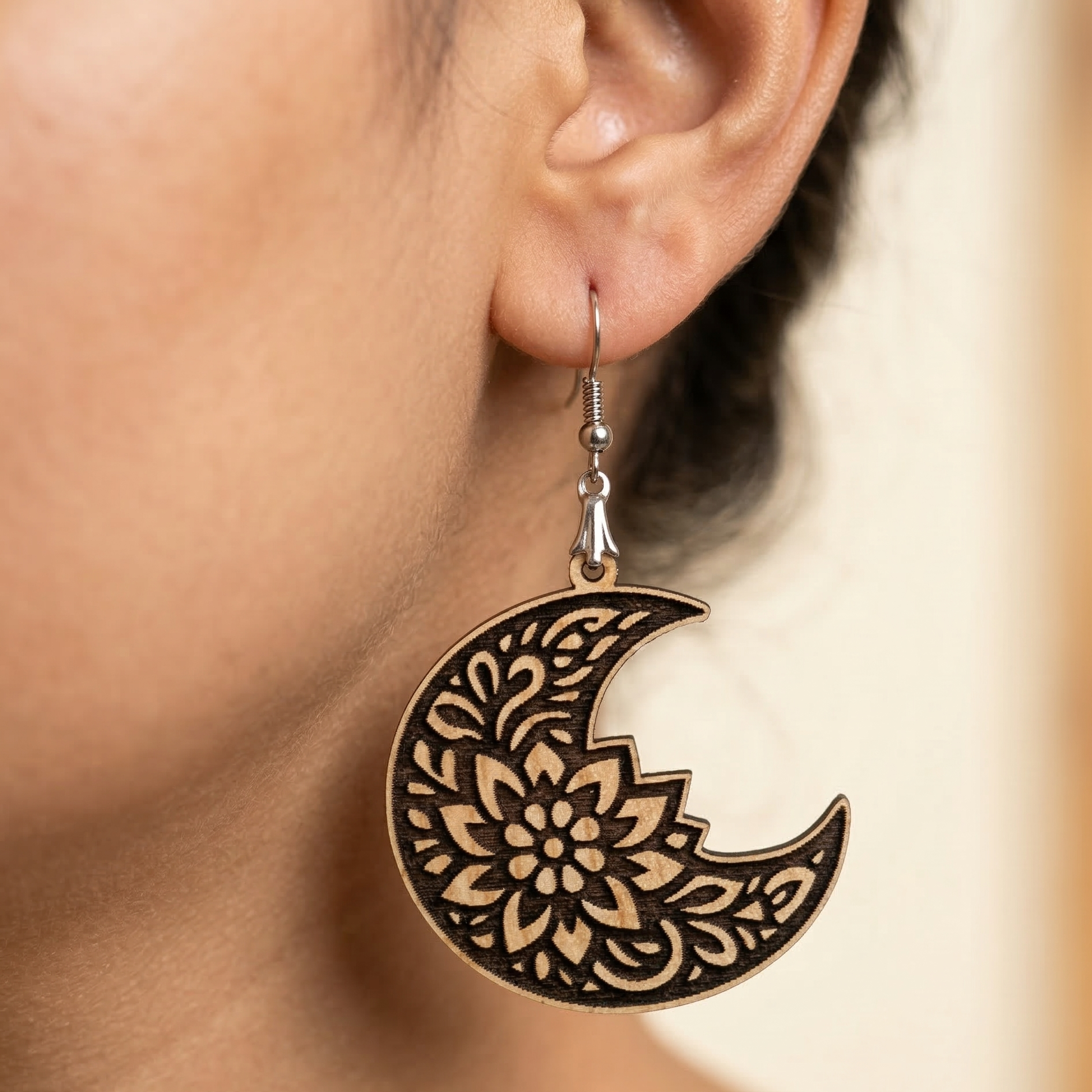 Crescent moon mandala wooden earrings for women boho ethnic floral carved lightweight dangle earrings