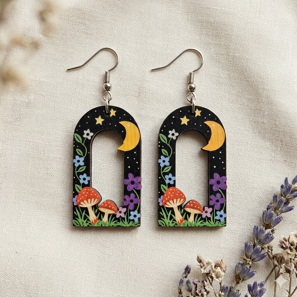 Moon garden wooden earrings with crescent moon stars flowers and mushrooms for women Main image