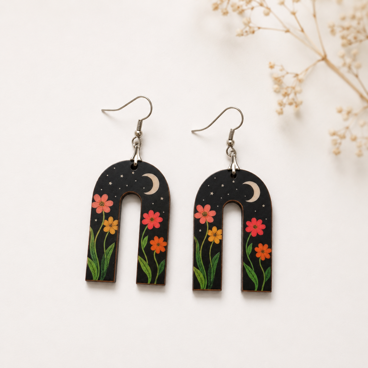 Moonlit floral wooden earrings for women with crescent moon and flower design