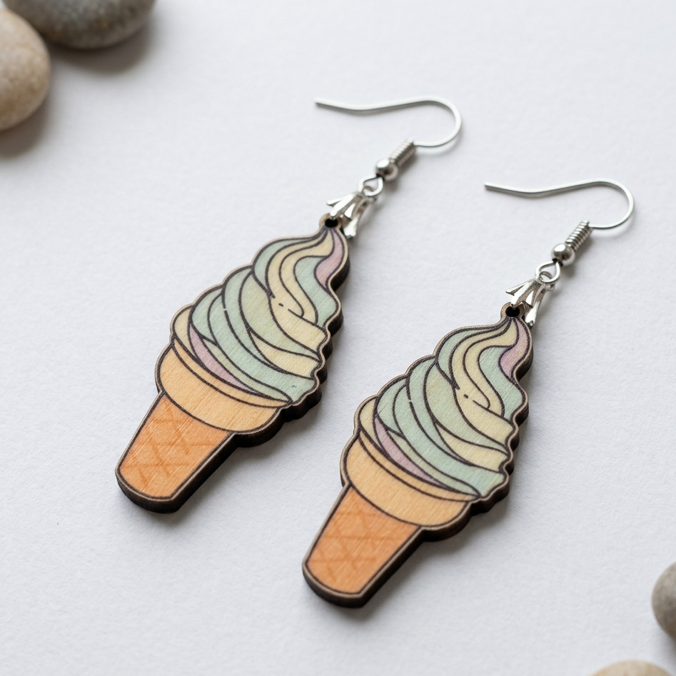 Pastel ice cream cone wooden earrings cute dessert dangle earrings for women summer jewelry Main image