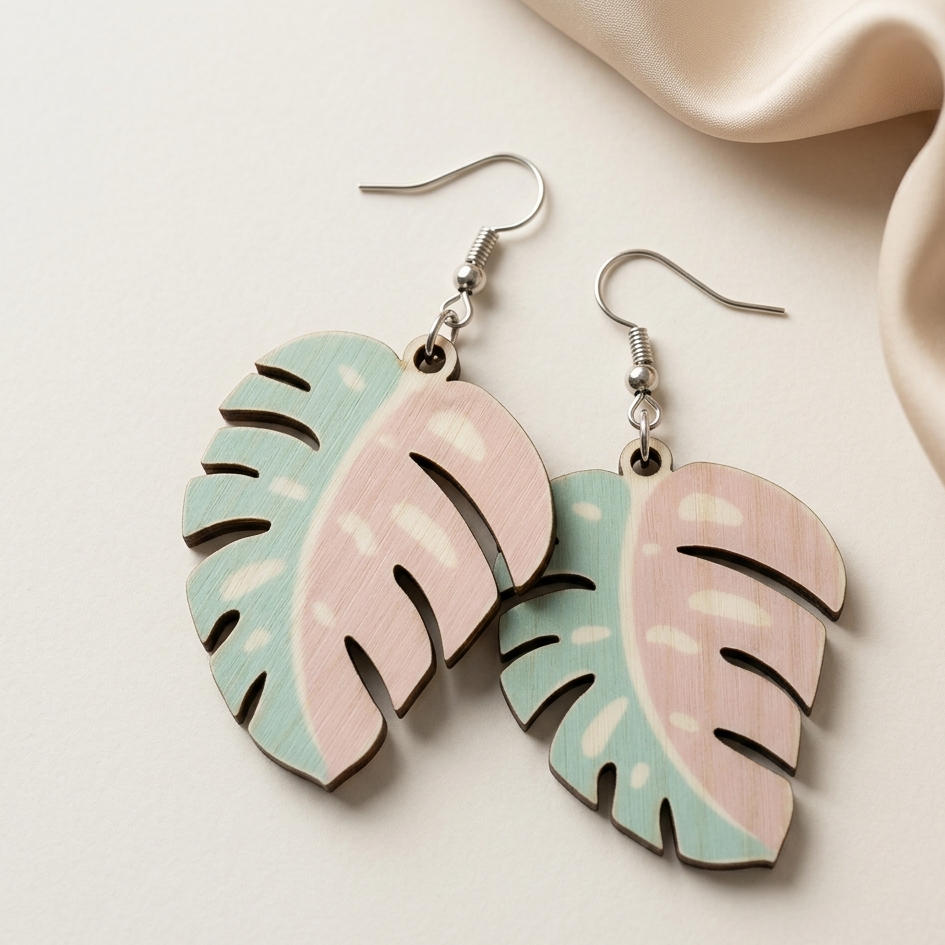 Pastel tropical leaf wooden earrings pink and mint green boho nature dangle earrings for women Main image