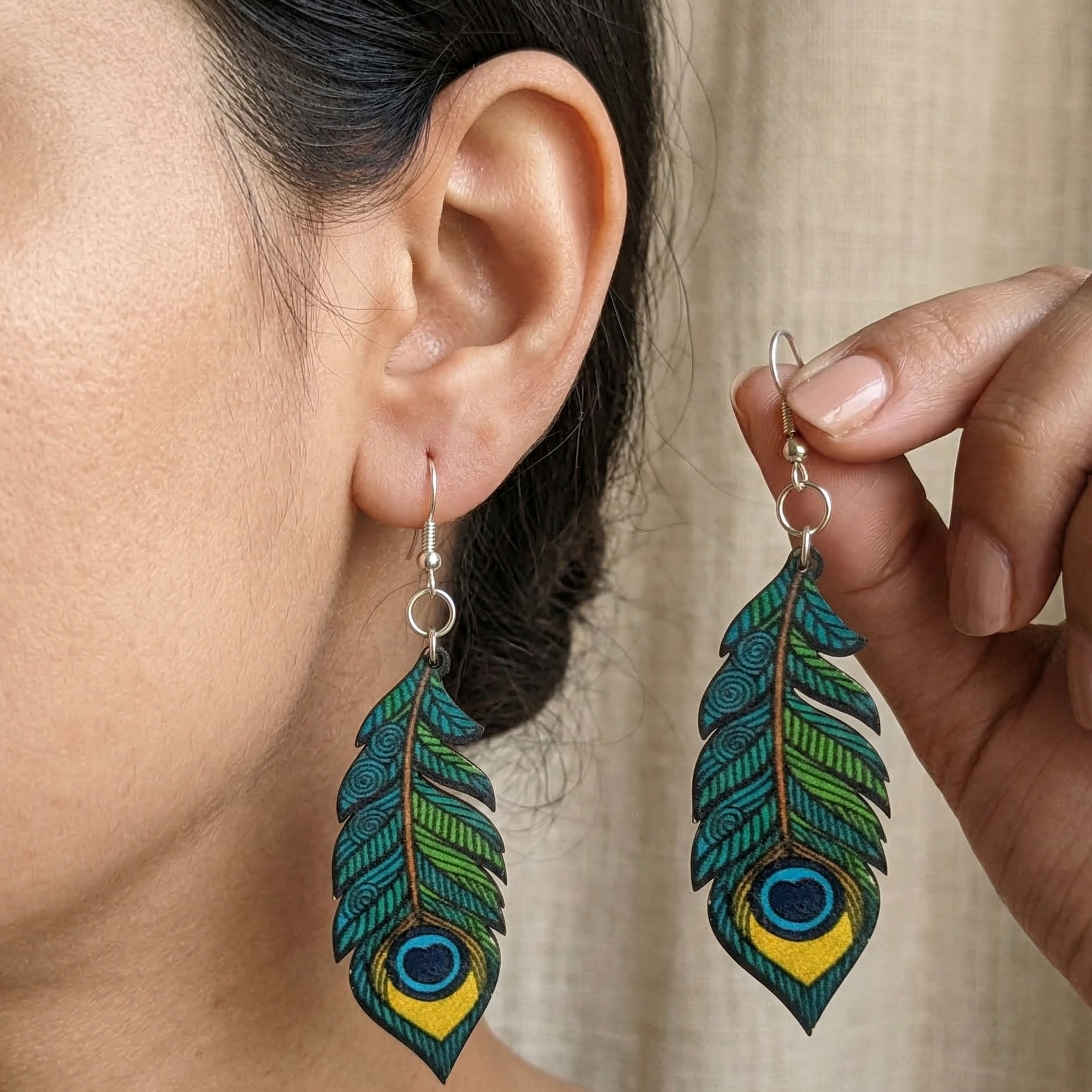 Peacock feather wooden earrings for women lightweight boho ethnic multicolor handcrafted jewelry Main image