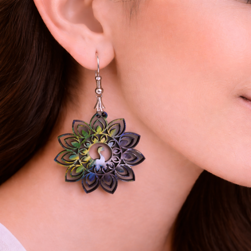 peacock mandala wooden earrings for women multicolor lotus statement earrings Main image