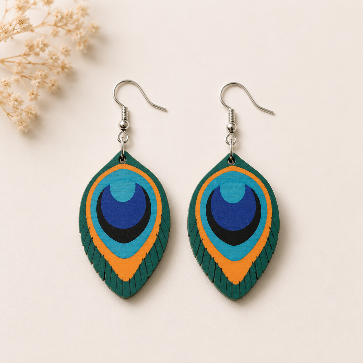 Peacock Feather wooden earrings for women featuring vibrant blue, teal, and gold feather artwork with lightweight fish hook ear wires.