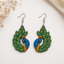 Peacock design wooden earrings for women with colorful artistic bird motif and detailed feather pattern