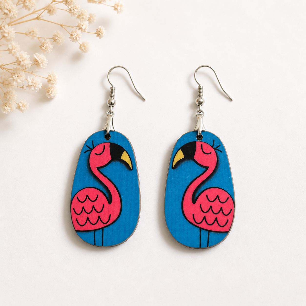 Pink flamingo wooden earrings for women with colorful tropical design Main image