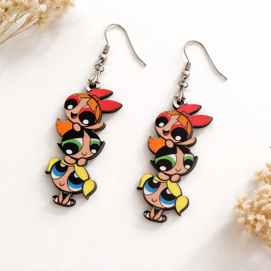 Powerpuff Girls trio wooden earrings for women with colorful cartoon character stacked design