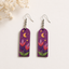 Purple moon garden wooden earrings with floral artwork for women