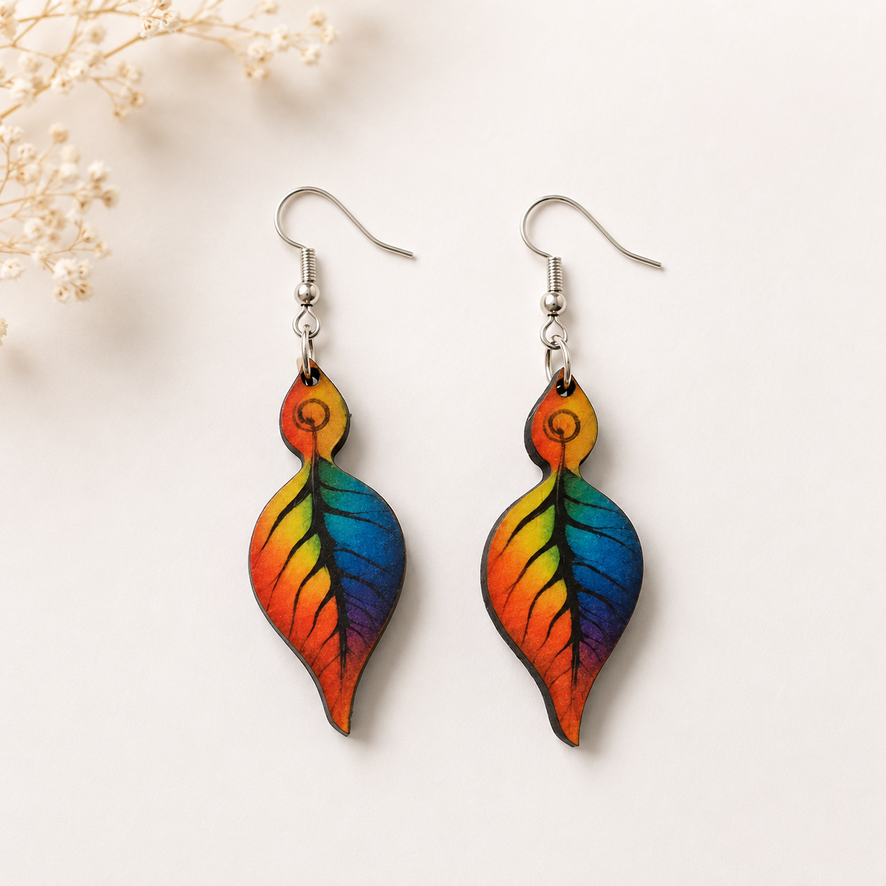 Rainbow Leaf Wooden Earrings for Women with colorful nature-inspired leaf design and lightweight silver hook Main image