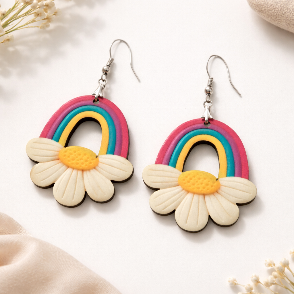 Rainbow daisy wooden earrings for women colorful rainbow floral lightweight statement earrings Main image