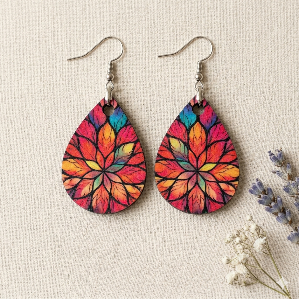 Rainbow leaf mandala wooden teardrop earrings for women with colorful floral artistic design Main image