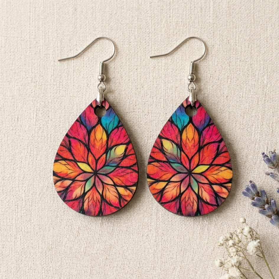 Rainbow leaf mandala wooden teardrop earrings for women with colorful floral artistic design
