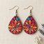 Rainbow leaf mandala wooden teardrop earrings for women with colorful floral artistic design
