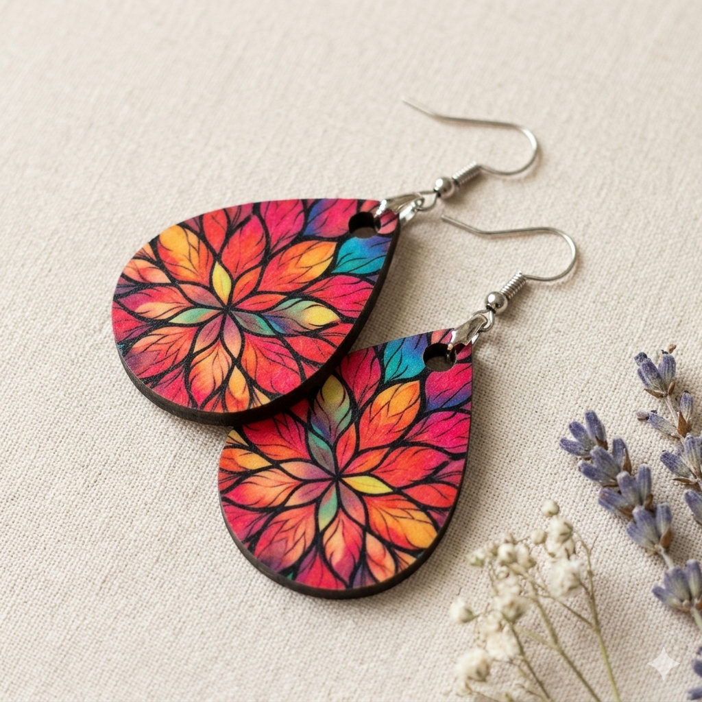 Rainbow Leaf Mandala Wooden Earrings for Women | Artistic Floral Secondary image