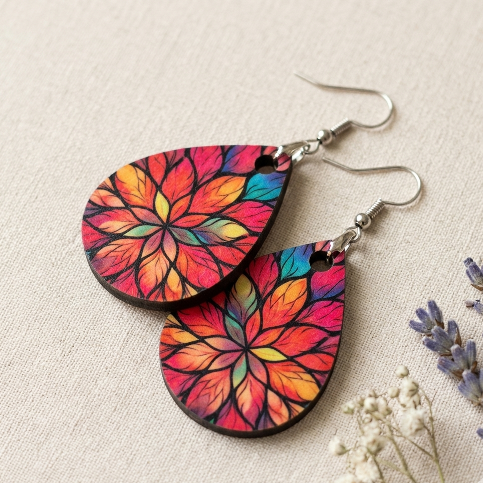 Rainbow leaf mandala wooden teardrop earrings for women with colorful floral artistic design