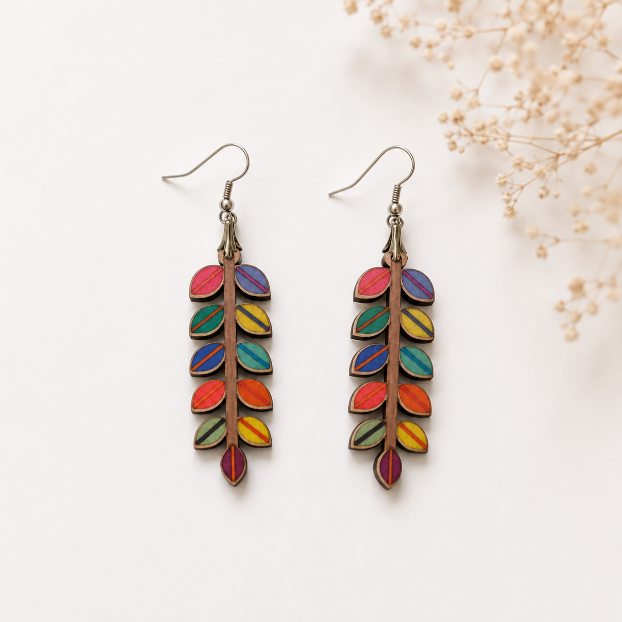 Rainbow leaf wooden earrings for women with colorful artistic design