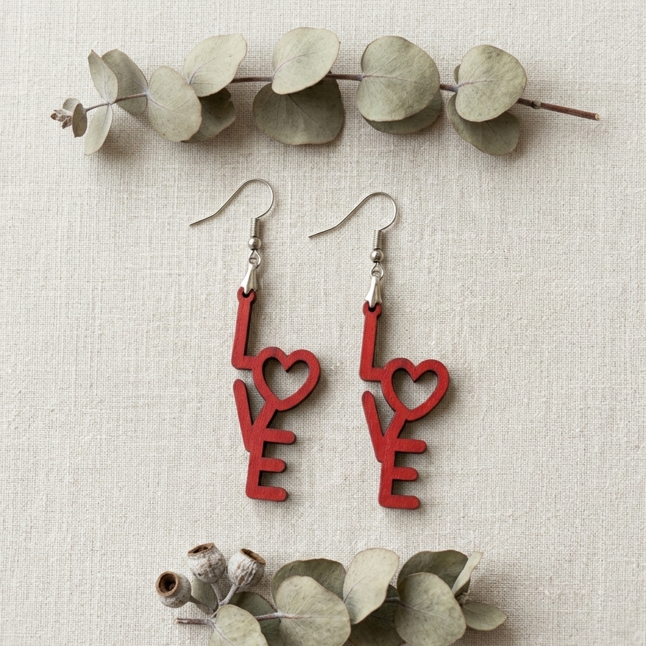Red love key wooden earrings with heart design romantic jewelry for women