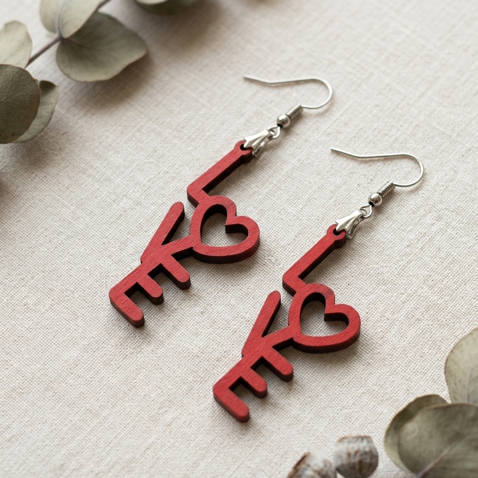 Red love key wooden earrings with heart design romantic jewelry for women
