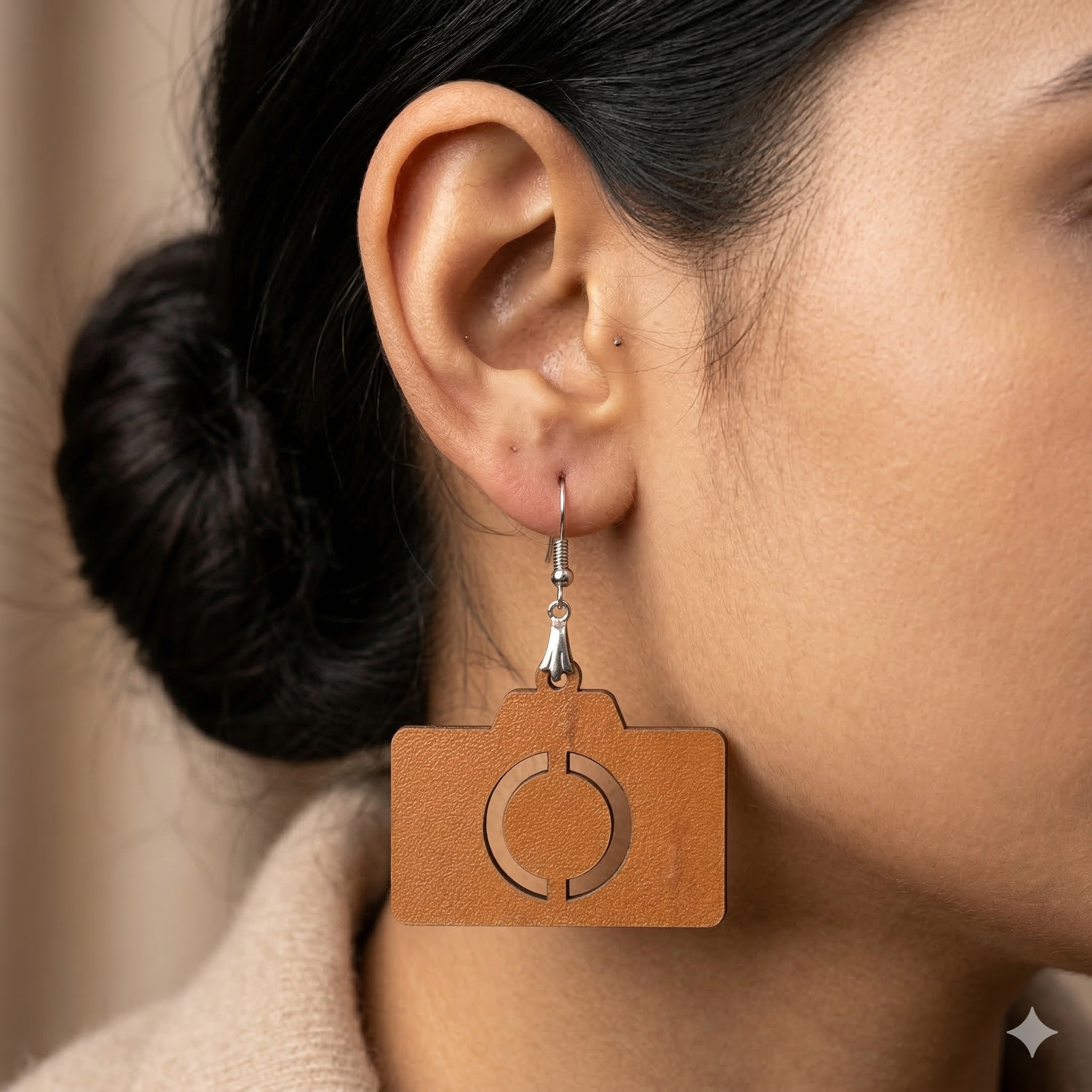 Camera shaped wooden drop earrings for women featuring minimalist photography inspired design in lightweight statement style.