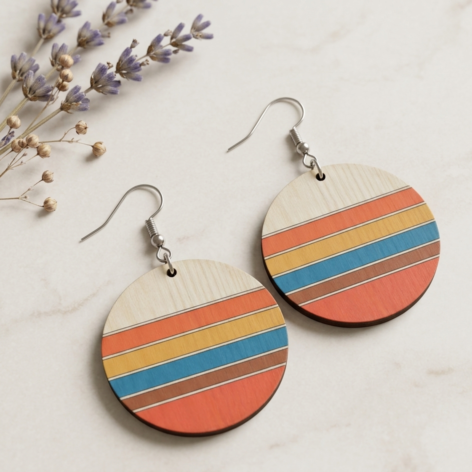 Retro striped circle wooden earrings minimalist boho round dangle earrings for women