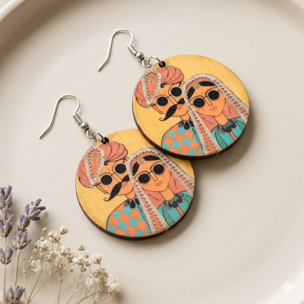 Royal couple wooden earrings for women ethnic artistic traditional jewelry Main image