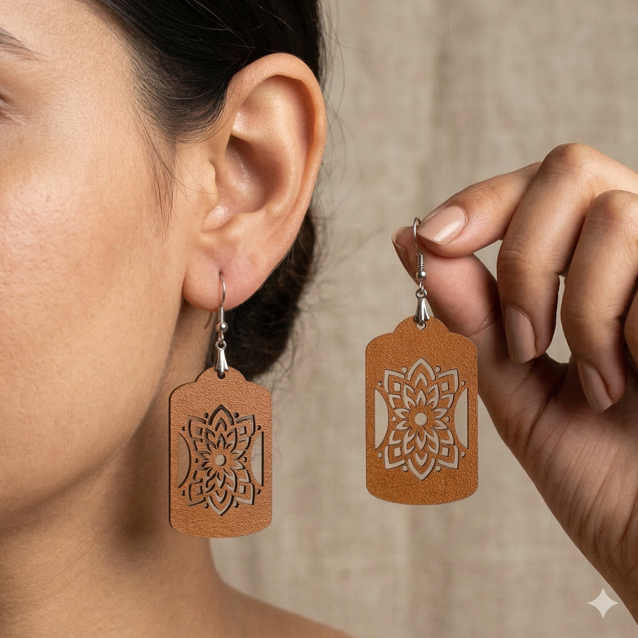Mandala floral wooden drop earrings for women featuring intricate geometric boho artistic design. Main image