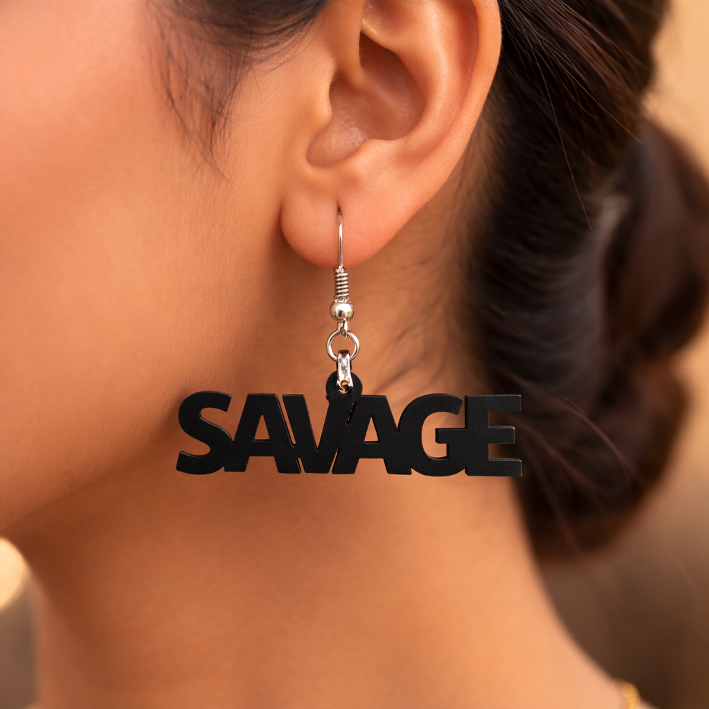 Savage Quote Text Wooden Earrings for Women | Bold Statement Secondary image