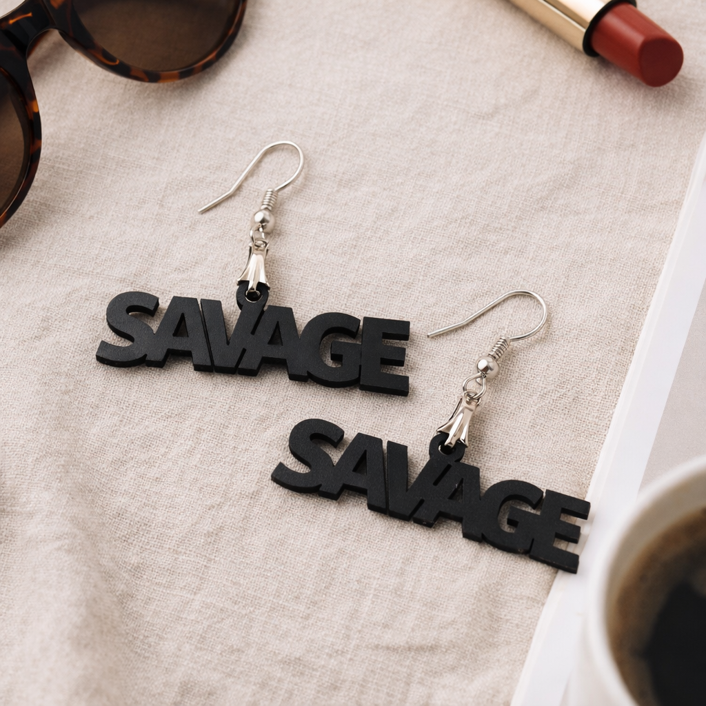 savage wooden earrings for women bold statement word typography dangle earrings Main image