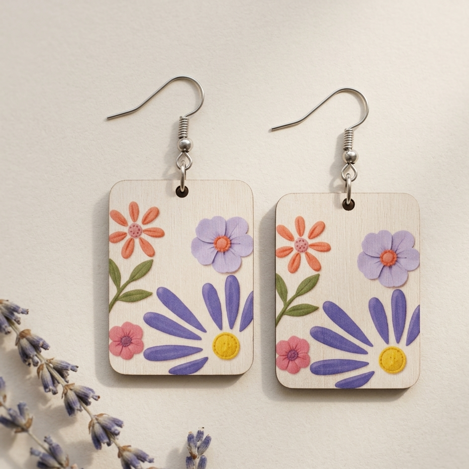 Square wildflower wooden earrings for women pastel floral statement lightweight artistic flower earrings Main image