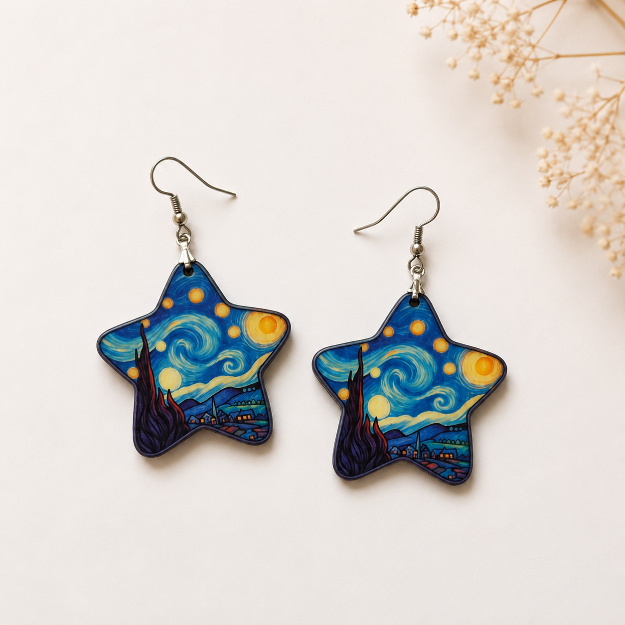 Star-shaped wooden earrings for women with starry night artistic design Main image