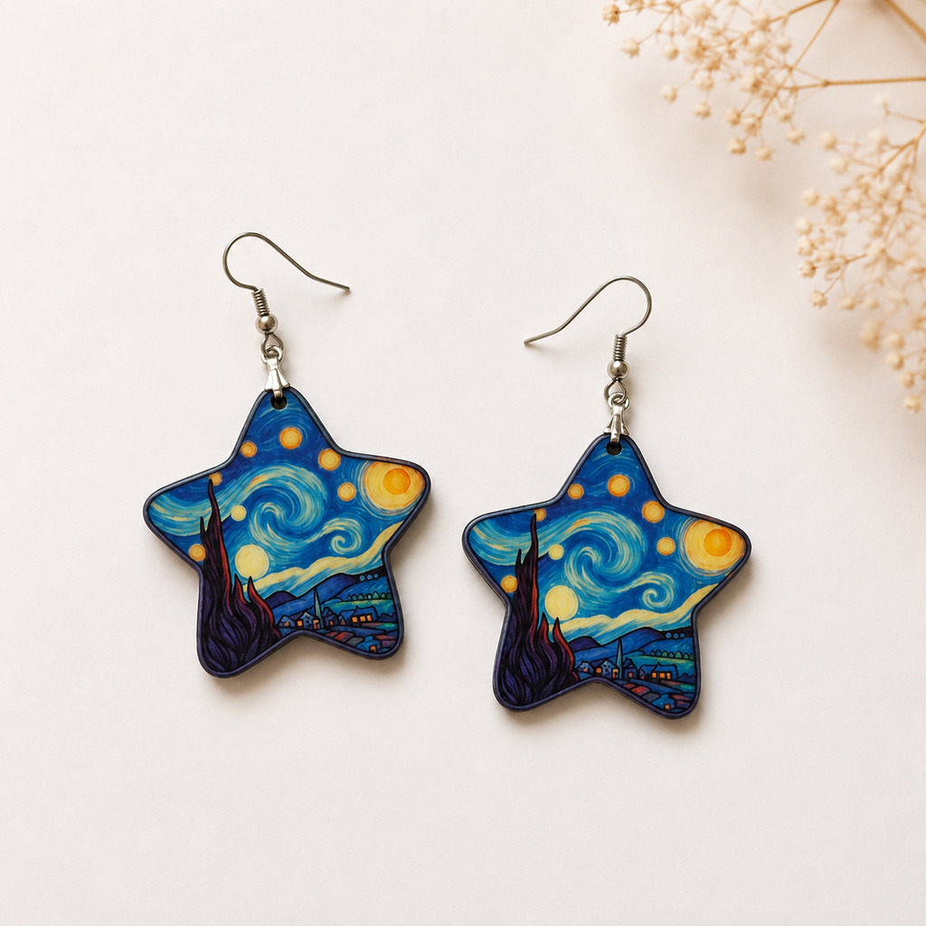 Star-shaped wooden earrings for women with starry night artistic design