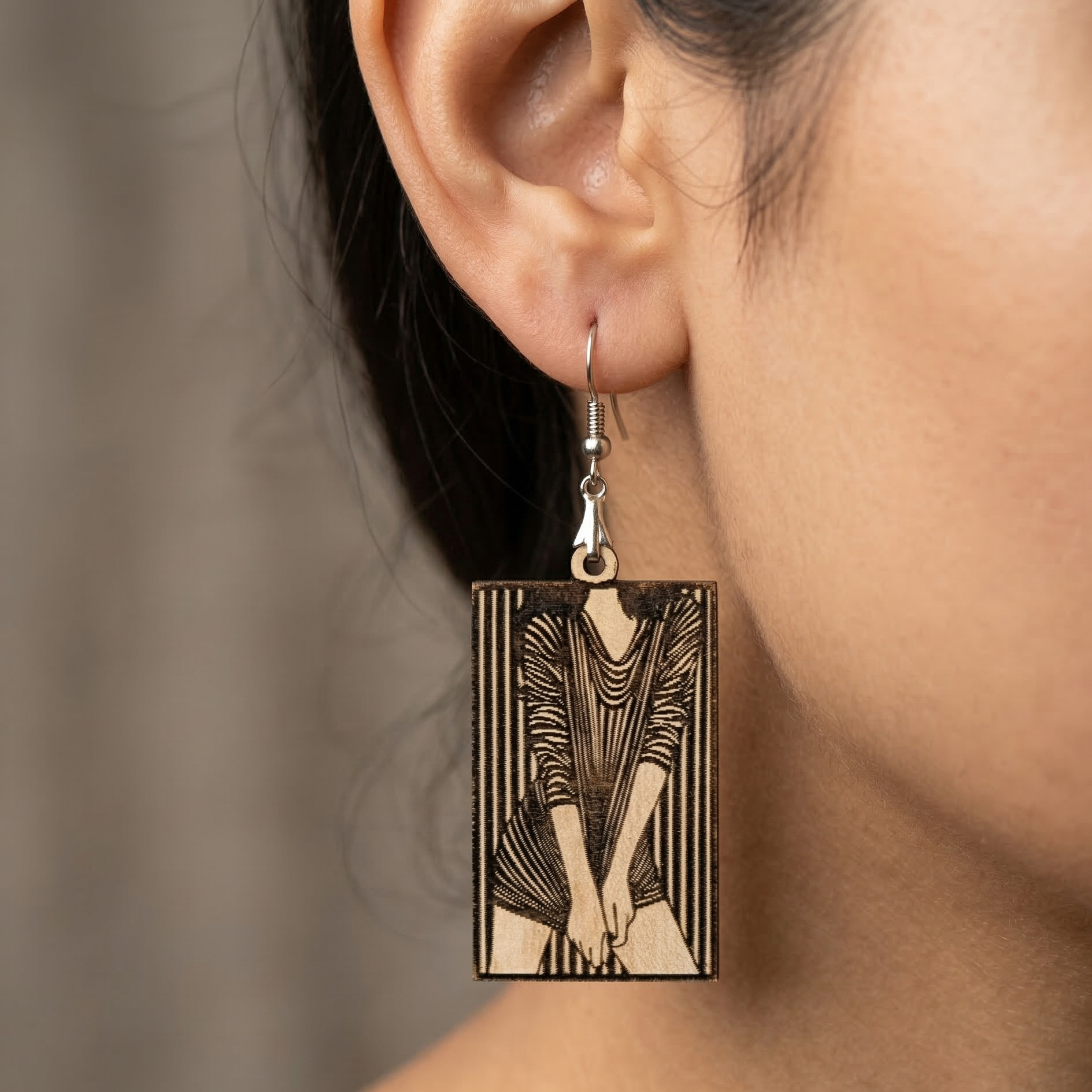 striped silhouette engraved wooden earrings rectangular pendant artistic statement dangle earrings for women Main image