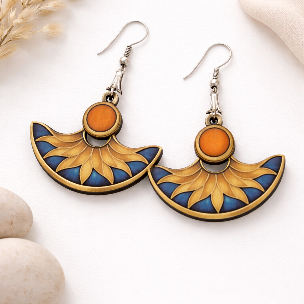 Sunburst wooden earrings with orange and blue ethnic design for women boho statement jewelry