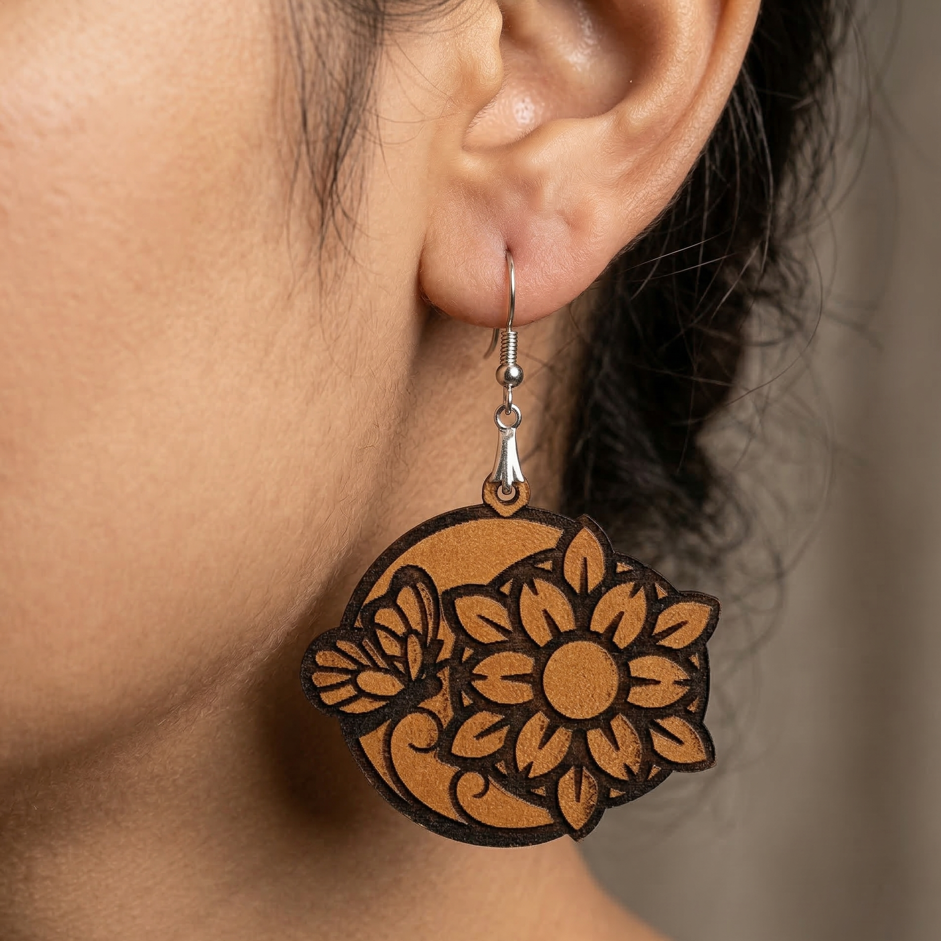 sunflower butterfly wooden earrings for women floral nature dangle earrings artistic lightweight jewelry Main image