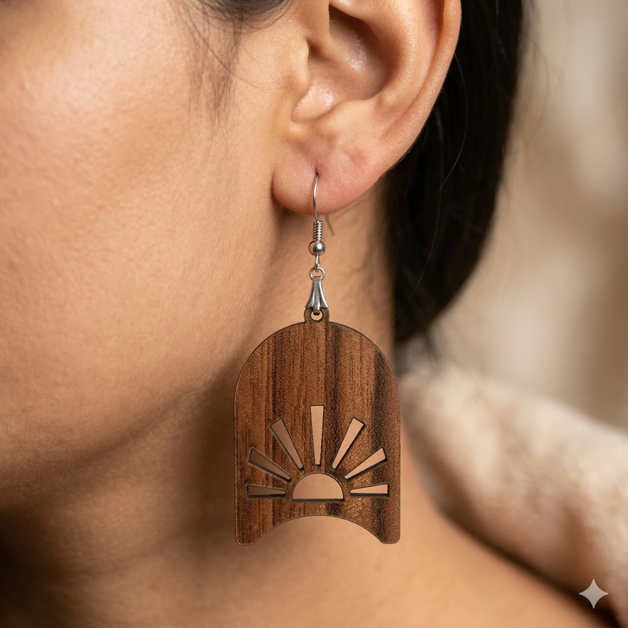 sunrise wooden earrings for women arch shape sunbeam cutout minimalist nature dangle earrings Main image